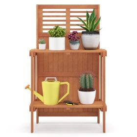 Folding Garden Potting Bench with 2-tier Storage Shelves and Teak Oil Finish for Garden Yard Balcony (Color: Natural)