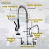Commercial Faucet with Pre-Rinse Sprayer, 8 Inch Center Wall Mount Kitchen Faucet with Pull Down Spray